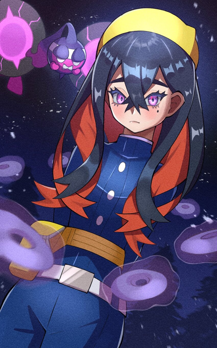 1girl arms_behind_back black_hair blue_jacket blue_pants carmine_(pokemon) closed_mouth colored_inner_hair crossed_bangs eyelashes fanny_pack hair_between_eyes hairband highres inana_umi jacket long_hair long_sleeves looking_down mind_control mole mole_under_eye multicolored_hair nintendo pants pecharunt pokemon pokemon_(creature) pokemon_sv purple_eyes red_hair two-tone_hair yellow_hairband