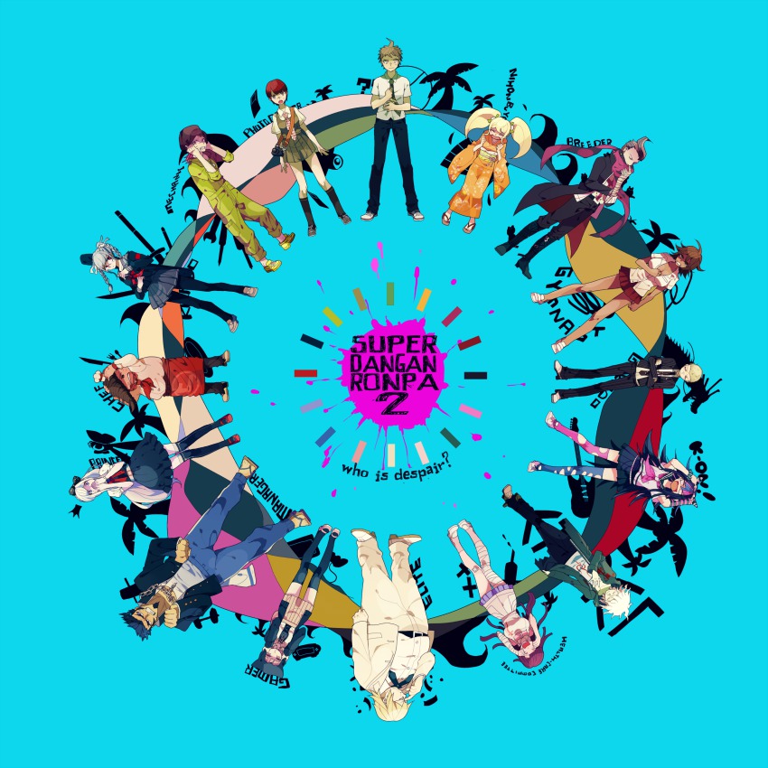 10s 6+boys 6+girls absurdres apron bandages blonde_hair blue_background braid brown_eyes brown_hair camera chuunibyou circle_formation danganronpa:_trigger_happy_havoc danganronpa_(series) danganronpa_2:_goodbye_despair glasses hair_ornament hair_ribbon hairclip hanamura_teruteru hat highres hinata_hajime koizumi_mahiru komaeda_nagito kuzuryu_fuyuhiko long_hair mioda_ibuki multicolored_hair multiple_boys multiple_girls nanami_chiaki necktie nidai_nekomaru nz open_mouth owari_akane pekoyama_peko ponytail purple_eyes purple_hair red_eyes ribbon saionji_hiyoko scar scarf scarf_over_mouth school_uniform serafuku short_hair skirt sleeves_rolled_up sonia_nevermind soda_kazuichi tanaka_gundham tanaka_gundam togami_byakuya togami_byakuya_(danganronpa_2) tsumiki_mikan twin_braids twintails weapon white_hair wrench