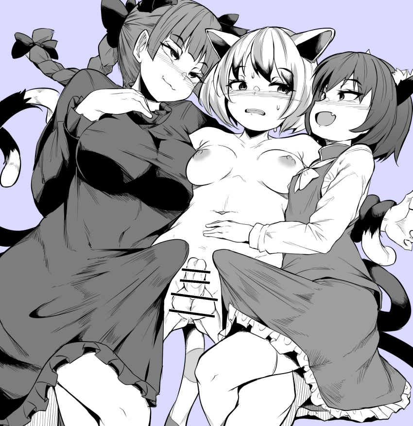 3futa animal_ear_fluff animal_ears blush bow breasts breasts_apart bulge cat_ears cat_tail censored chen clothed_female_nude_female color_background dress erection erection_under_clothes fang full-package_futanari futanari goutokuji_mike group_sex highres juliet_sleeves kaenbyou_rin large_breasts large_penis long_sleeves makin_tama medium_breasts multiple_futa multiple_tails nude penis penis_size_difference pointless_censoring puffy_sleeves ribbon skin_fang skirt small_breasts small_penis sweatdrop tail testicles thighhighs threesome touhou twintails two_tails