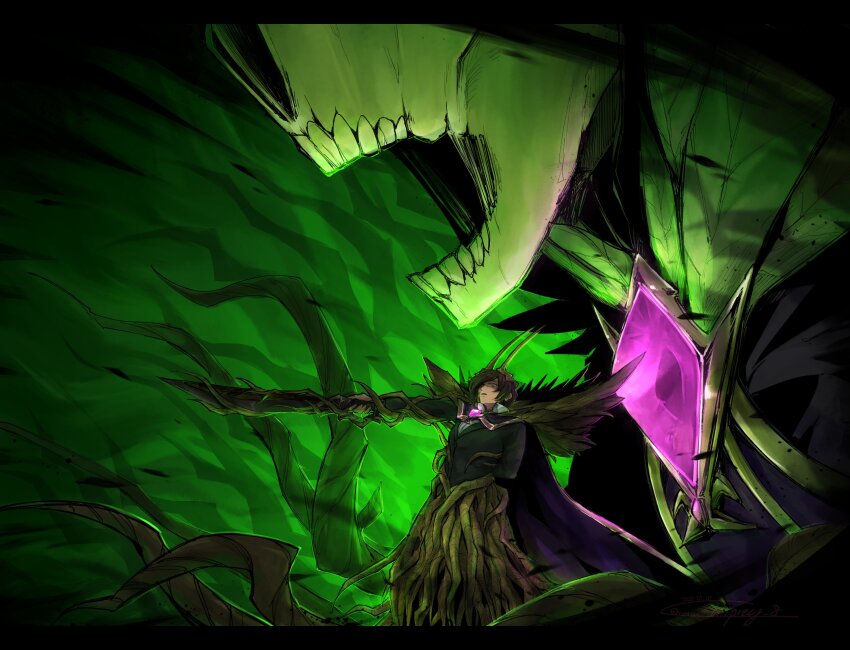 2girls absurdres apple brown_hair e.g.o_(project_moon) ebony_queen&#039;s_apple ebony_stem_(e.g.o) food fruit full_body gem green_background highres holding holding_sword holding_weapon horns limbus_company multicolored_hair multiple_girls object_head open_mouth outis_(project_moon) plant project_moon purple_gemstone roots_(hair) short_hair skull standing sword vines weapon yatsumeunagi