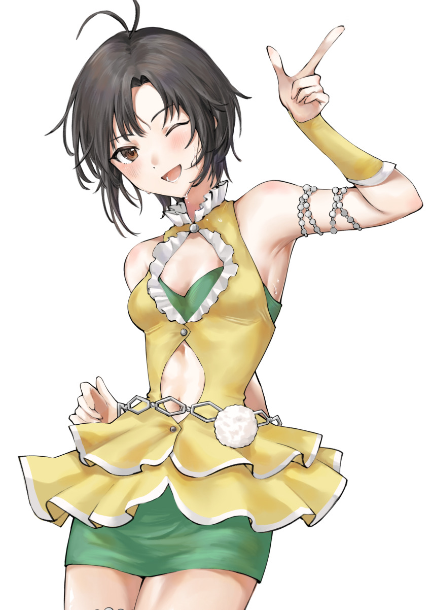 1girl :d absurdres aburi-gatana antenna_hair arm_behind_back armlet armpits bandeau bare_shoulders belt black_hair blush breasts brown_eyes chain_belt cleavage_cutout clothing_cutout commentary cowboy_shot curled_fingers detached_sleeves frilled_skirt frills green_bandeau green_skirt highres idolmaster idolmaster_(classic) idolmaster_2 idolmaster_million_live! idolmaster_million_live!_theater_days index_finger_raised jewelry kikuchi_makoto looking_at_viewer midriff miniskirt navel one_eye_closed open_mouth pencil_skirt pointing pointing_up pom_pom_(clothes) shirt short_hair simple_background skirt sleeveless sleeveless_shirt small_breasts smile solo standing stomach_cutout strapless sweat swept_bangs tube_top vital_sunflower_(idolmaster) white_background white_trim yellow_sleeves