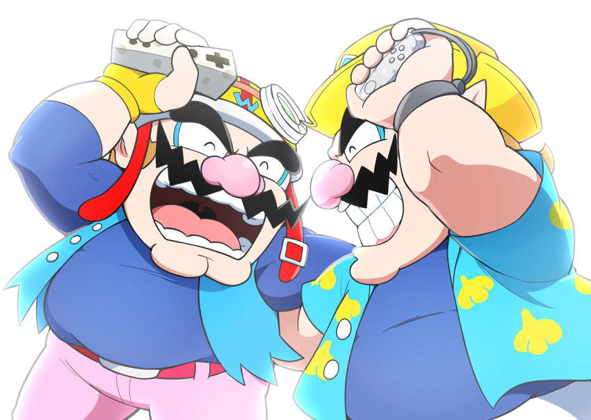 2boys big_nose blue_shirt cleft_chin closed_eyes controller facial_hair fingerless_gloves game_controller gloves goggles goggles_on_headwear grin hat helmet highres hoshi_(star-name2000) joy-con motorcycle_helmet multiple_boys mustache nintendo open_mouth pants pink_pants pointy_ears shirt simple_background smile thick_eyebrows wario warioware warioware:_move_it! warioware:_smooth_moves white_background wii_remote yellow_gloves yellow_hat