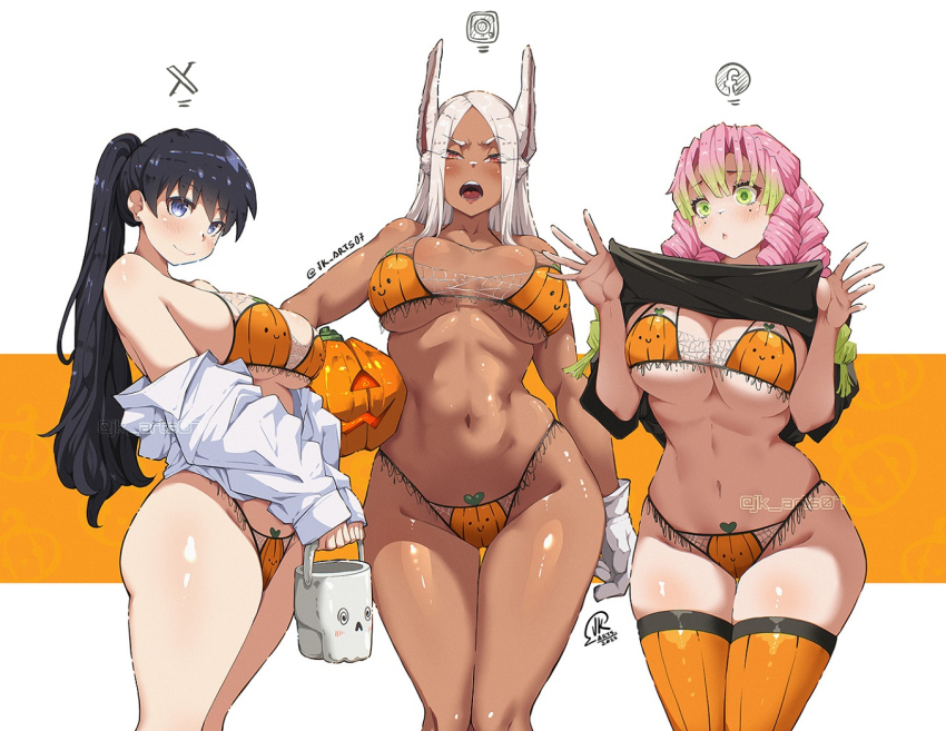 3girls animal_ears arato_nagi bikini black_hair black_shirt blue_eyes boku_no_hero_academia bucket clothes_lift commentary dark-skinned_female dark_skin english_commentary facebook_logo green_eyes green_hair halloween halloween_bucket holding holding_bucket instagram_logo jk_arts kanroji_mitsuri kimetsu_no_yaiba long_hair mirko multicolored_hair multiple_girls navel open_mouth orange_bikini orange_thighhighs pink_hair ponytail pumpkin_print rabbit_ears rabbit_girl red_eyes ruri_no_houseki shirt shirt_lift stomach swimsuit thighhighs thighs twitter_username twitter_x_logo two-tone_background two-tone_hair white_hair white_shirt