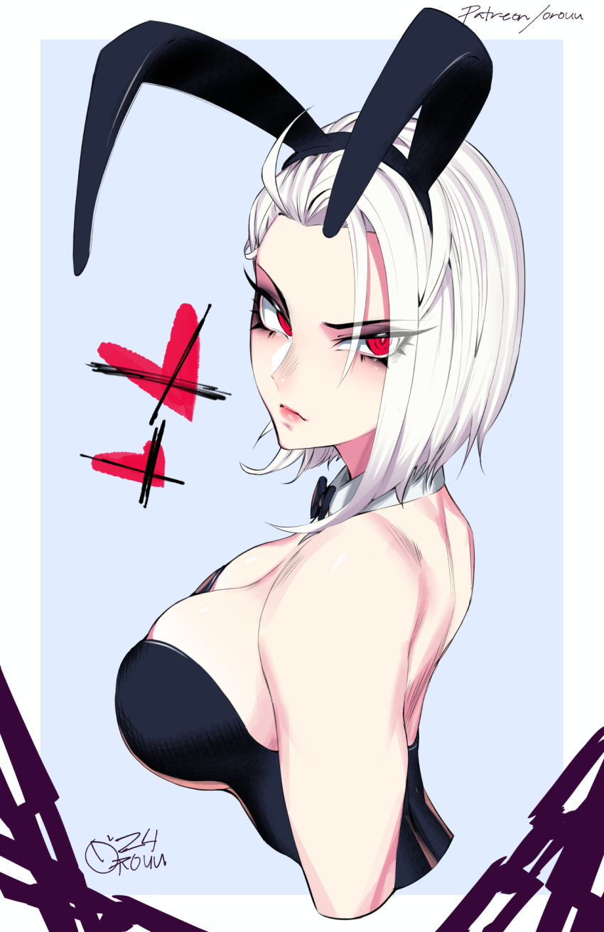 1girl animal_ears artist_name astaroth_(orouu) bare_shoulders black_bow black_bowtie black_leotard blush border bow bowtie breasts cleavage commentary dated detached_collar english_commentary fake_animal_ears grey_hair heart highres large_breasts leotard blue_background looking_at_viewer original orouu playboy_bunny red_eyes short_hair simple_background solo strapless strapless_leotard upper_body white_border x_mark