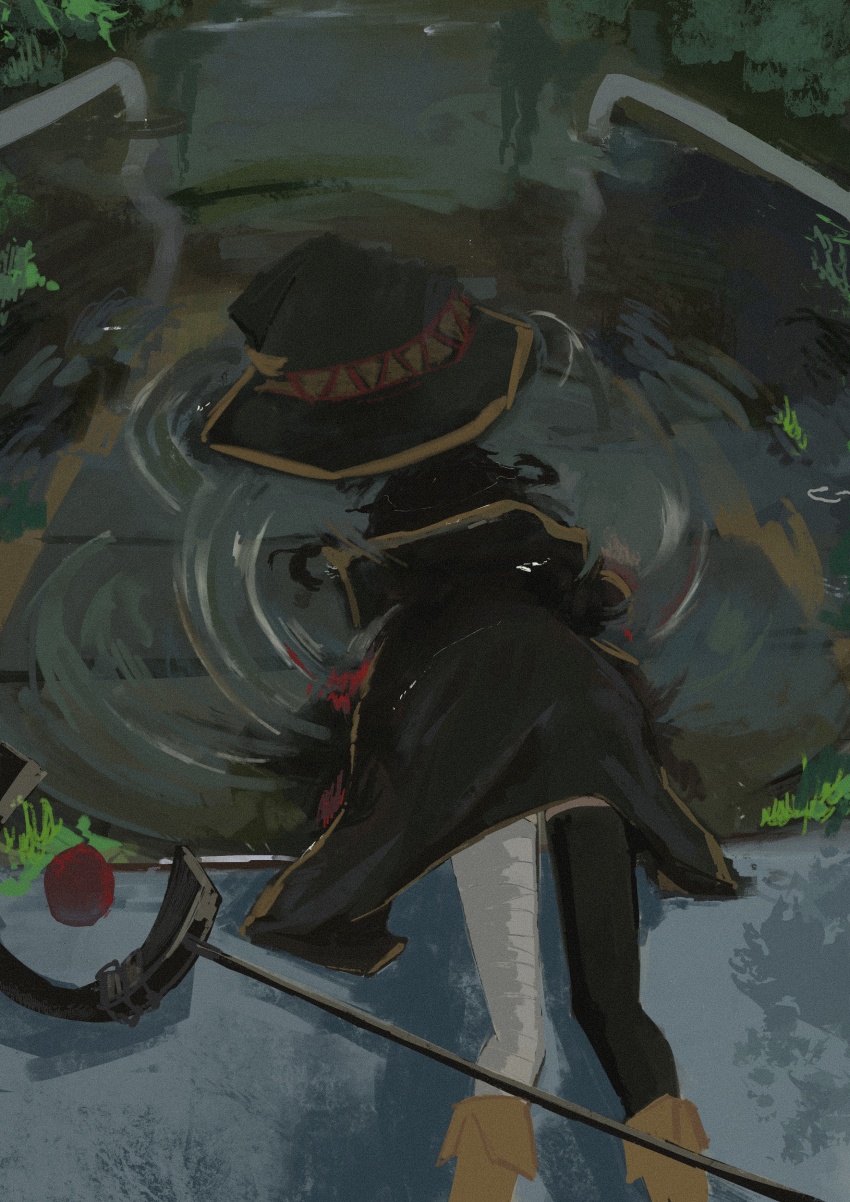 1girl absurdres asphyxiation asymmetrical_legwear bandaged_leg bandages brown_hair concrete drowning face_down fallen_down from_above hat highres kono_subarashii_sekai_ni_shukufuku_wo! koukouya megumin mismatched_legwear mud outdoors partially_submerged solo staff thighhighs water witch_hat