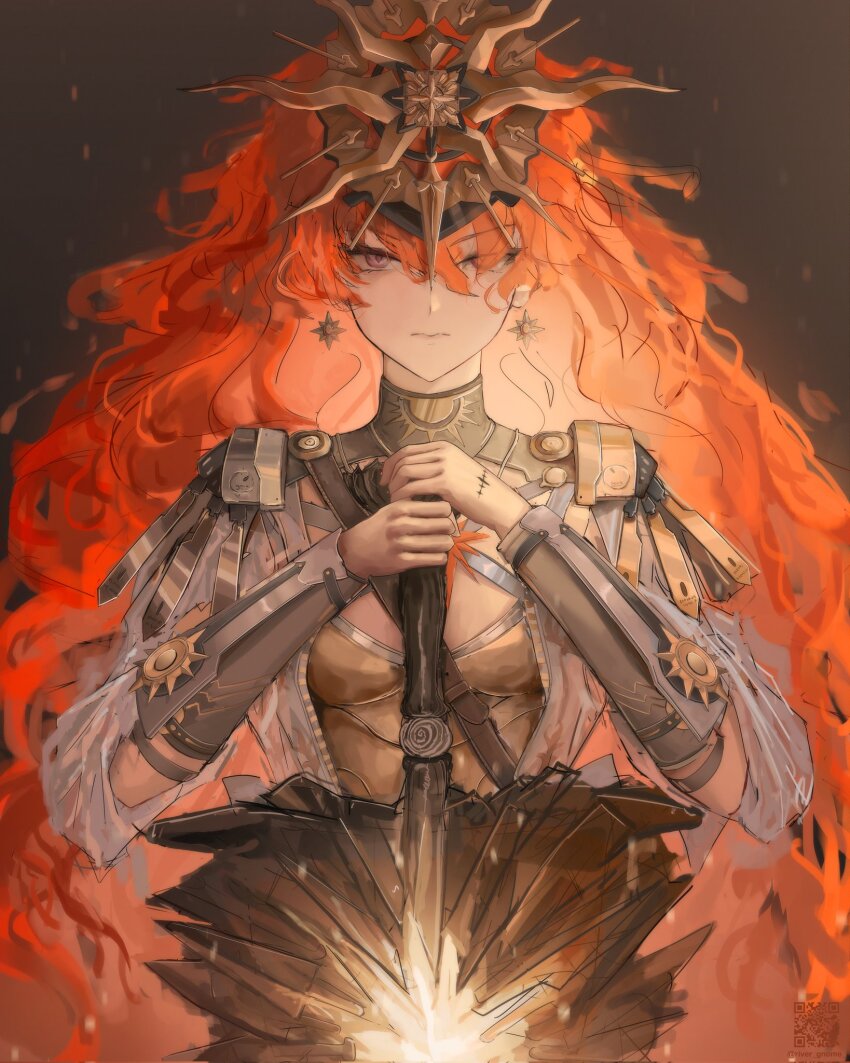 1girl ancient_greek_clothes armor augusta_(wuthering_waves) breastplate breasts closed_mouth earrings greatsword greco-roman_clothes hand_on_weapon hands_on_hilt hands_up hashtag-only_commentary headgear highres holding holding_sword holding_weapon jewelry long_hair looking_at_viewer medium_breasts multicolored_hair orange_hair red_eyes red_hair riuv187567 shoulder_armor solo sun_earrings sword tacet_mark_(wuthering_waves) two-handed_sword upper_body vambraces very_long_hair weapon wuthering_waves