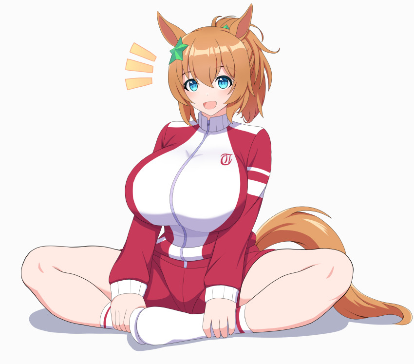 1girl absurdres animal_ears blue_eyes blush breasts brown_hair commentary_request ear_ornament hair_between_eyes hair_ornament highres horse_ears horse_girl horse_tail jacket knees_apart_feet_together large_breasts long_sleeves looking_at_viewer medium_hair notice_lines open_mouth purple_eyes red_jacket red_shirt shirt shorts simple_background sitting smile socks soles_together solo star_(symbol) star_hair_ornament sumiboshi_(zatsuha) taiki_shuttle_(umamusume) tail track_jacket umamusume white_background white_socks