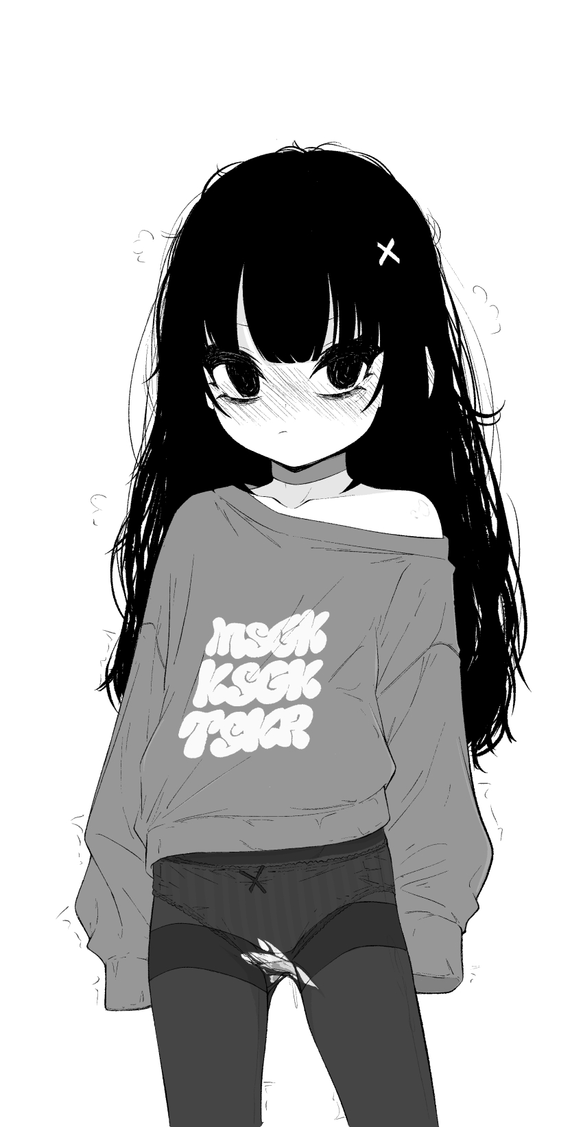 1girl absurdres arms_at_sides averting_eyes blush bow bow_panties center-flap_bangs closed_mouth clothes_writing collarbone commentary cowboy_shot crotch_seam dot_nose expressionless fallenshadow greyscale highres indie_virtual_youtuber loli long_hair long_sleeves monochrome no_pants nose_blush off-shoulder_sweater off_shoulder panties panties_under_pantyhose pantyhose pettan_(zeez4743) print_sweater sleeves_past_fingers sleeves_past_wrists solo standing straight_hair striped_clothes striped_panties sweater thighhighs torn_clothes torn_pantyhose underwear variant_set vertical-striped_clothes vertical-striped_panties virtual_youtuber wispy_bangs