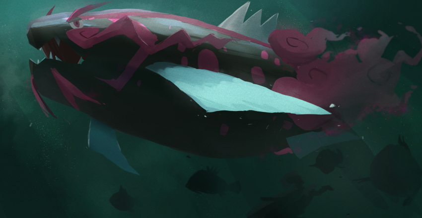 basculegion basculegion_(male) basculin commentary_request dark evolutionary_line fins fish from_below gen_5_pokemon highres nintendo open_mouth pokemon pokemon_(creature) purple_eyes revision sharp_teeth silhouette teeth underwater wasabi_master