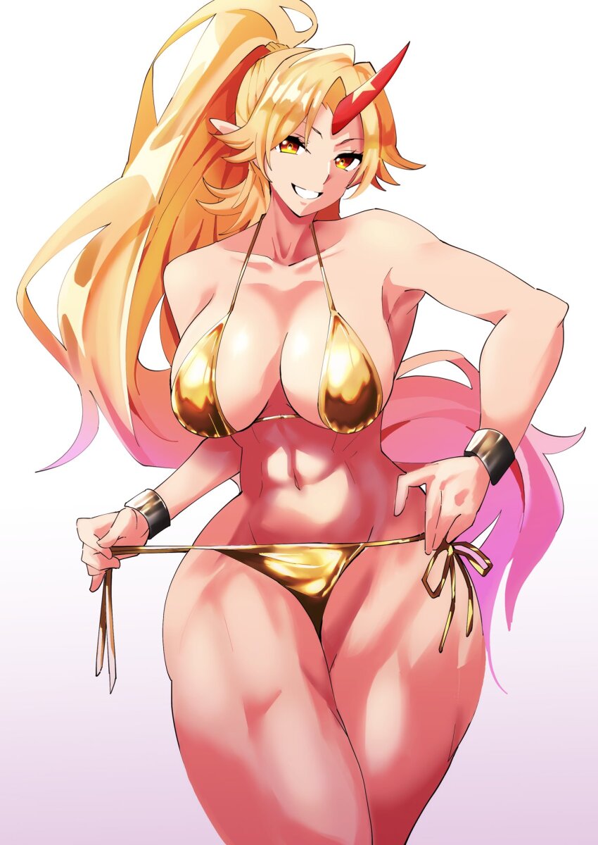 blonde_hair breasts fugaku_(miko_no_miyatsuguchi) highres horn hoshiguma_yuugi large_breasts ponytail solo touhou