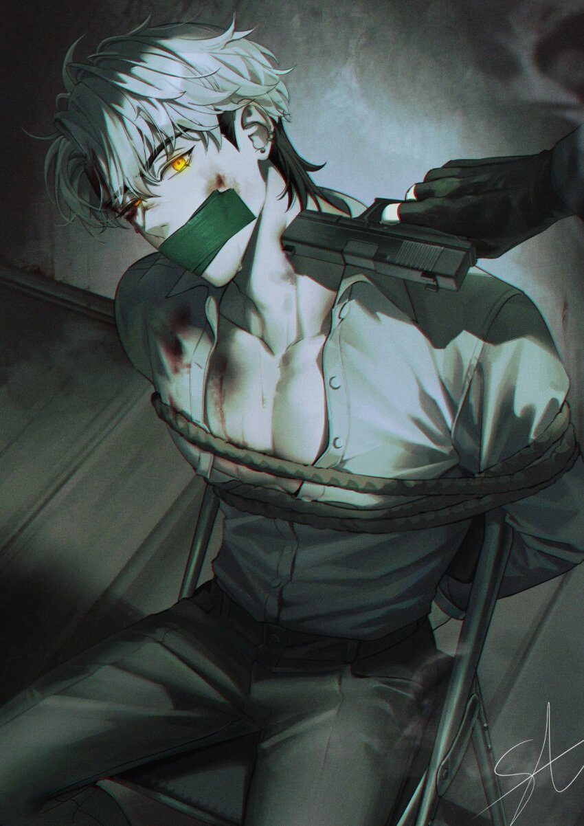 1boy black_gloves blood blood_on_chest blood_on_clothes blood_on_face bound bound_arms covered_mouth eunho_(plave) fingerless_gloves gag gloves glowing glowing_eyes gun hair_between_eyes highres holding holding_gun holding_weapon improvised_gag injury long_sleeves male_focus multicolored_hair on_chair partially_unbuttoned plave s_oo_a_pl shirt short_hair tape tape_gag two-tone_hair weapon white_hair white_shirt yellow_eyes