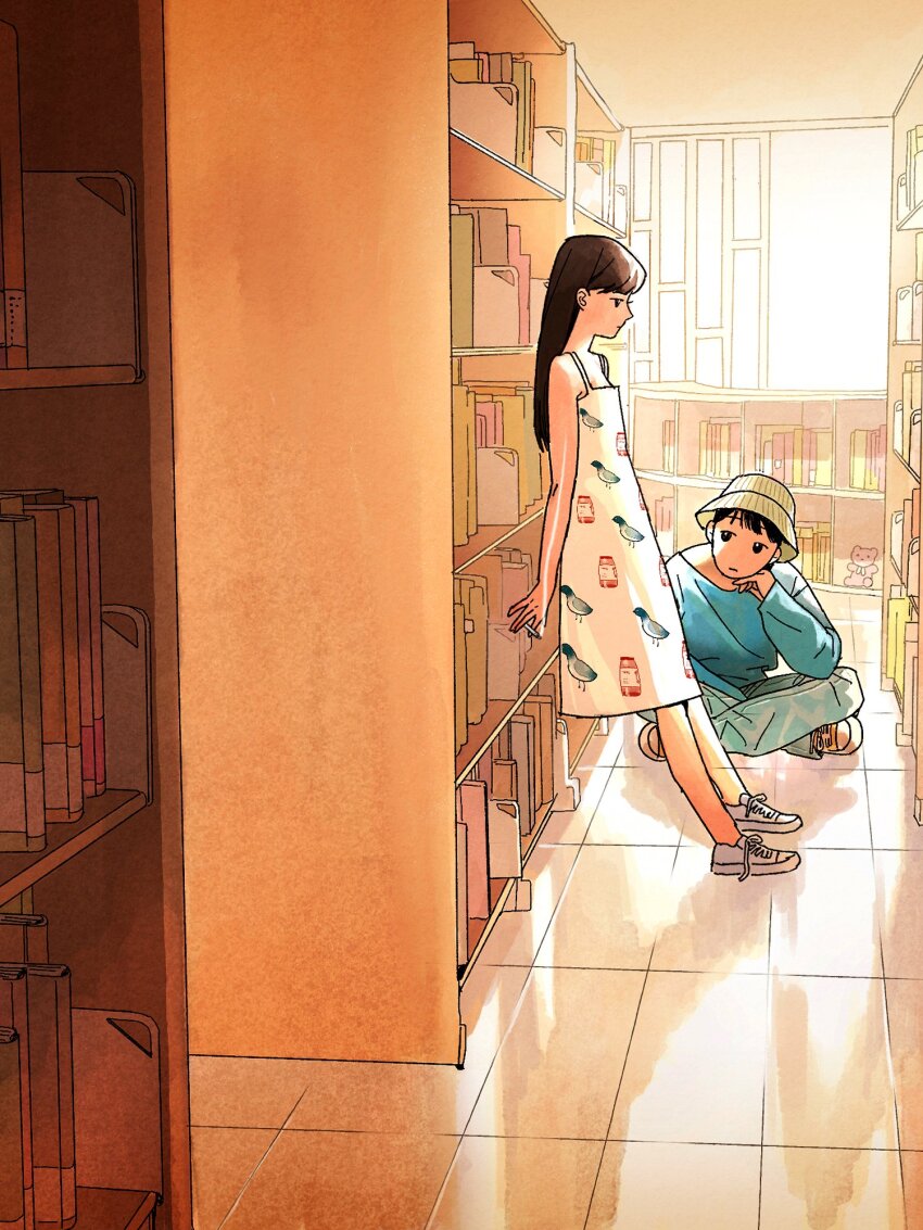 1boy 1girl black_hair blunt_bangs book bookshelf brown_hair dress full_body hat highres indoors library long_hair long_sleeves oddxegg0 original pants shirt shoes standing sunlight tile_floor tiles wide_shot window