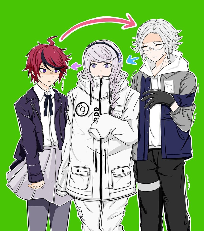1girl 2boys ahoge aotsuki_eito arrow_(symbol) black_gloves black_hair black_ribbon blue_jacket blush braid braided_ponytail closed_eyes closed_mouth crossdressing drawstring glasses gloves green_background grey_jacket grey_pantyhose hair_between_eyes highres hood hoodie jacket kirifuji_nozomi long_sleeves messy_hair multicolored_hair multicolored_jacket multiple_boys neck_ribbon open_mouth pants pantyhose parted_hair pleated_skirt purple_jacket red_hair ribbon simple_background skirt streaked_hair sumino_takumi the_hundred_line_-last_defense_academy- white_hair white_hoodie white_jacket white_pants white_skirt