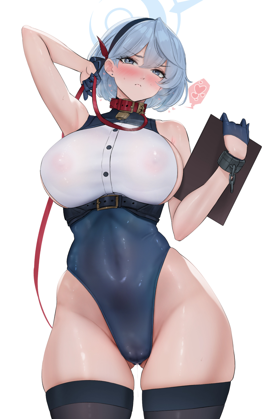 1girl absurdres adapted_costume ako_(blue_archive) animal_collar arm_up bdsm bell black_thighhighs blue_archive blue_choker blue_eyes blue_gloves blue_hair blue_hairband blue_halo blue_leotard blush breasts breath cameltoe chest_harness choker clipboard closed_mouth collar commentary covered_erect_nipples covered_navel cowbell cowboy_shot cowlick cuffs double-parted_bangs earrings embarrassed eyelashes framed_breasts frown furrowed_brow gloves gluteal_fold hair_between_eyes hair_ribbon hairband half_gloves halo harness heart highleg highleg_leotard highres holding holding_clipboard holding_leash imi18 jewelry large_breasts leash leotard looking_at_viewer neck_bell pussy_juice pussy_juice_drip_through_clothes red_collar red_ribbon ribbon see-through_clothes see-through_shirt shackles shirt short_hair sideless_shirt simple_background single_handcuff skindentation slave solo spoken_heart standing stud_earrings thighhighs turtleneck underbust user_xkka4243 white_background white_shirt