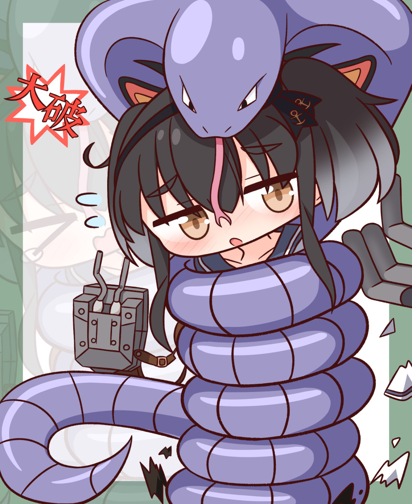 1girl arbok black_hair blue_sailor_collar blush border commentary_request constriction flying_sweatdrops forked_tongue gen_1_pokemon green_border hana_kazari highres kantai_collection nintendo open_mouth outside_border pokemon pokemon_(creature) sailor_collar short_hair_with_long_locks tokitsukaze_(kancolle) tongue yellow_eyes zoom_layer