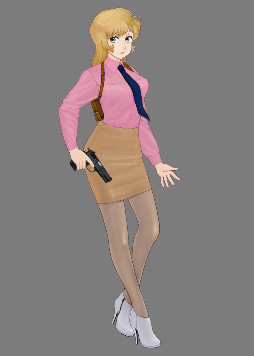 1girl ankle_boots blue_eyes boots brown_hair brown_pantyhose female_focus full_body gun handgun high_heel_boots high_heels highres holster komii long_hair magazine_(weapon) necktie pantyhose pencil_skirt pink_shirt pistol rally_vincent_(riding_bean) riding_bean shirt shoulder_holster simple_background skirt solo tinted_eyewear trigger_discipline weapon yellow-tinted_eyewear
