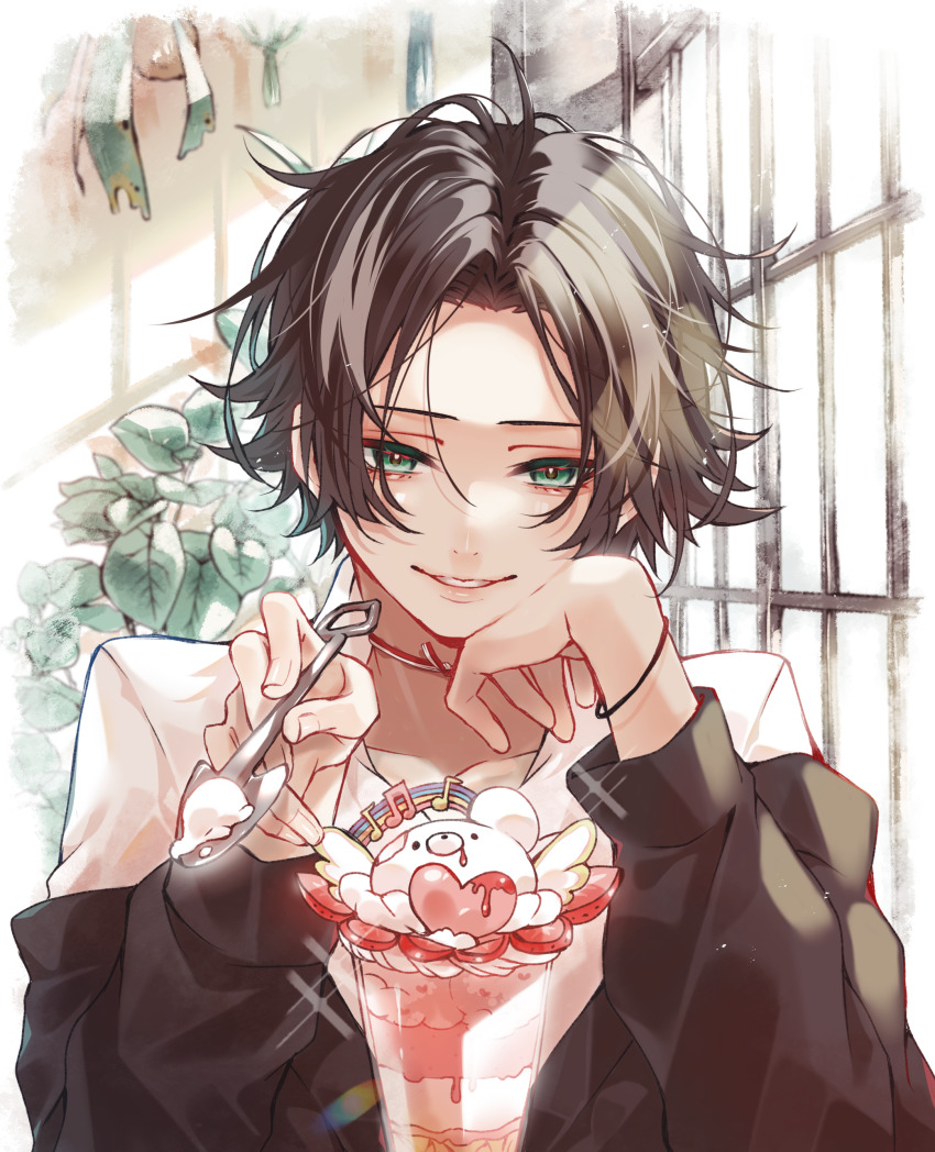 1boy absurdres bracelet brown_hair food green_eyes hand_on_own_chin highres holding holding_spoon incoming_food jewelry light_rays looking_at_viewer messy_hair original parfait parted_bangs parted_lips plant sangonosyokudai smile solo spoon upper_body watercolor_effect