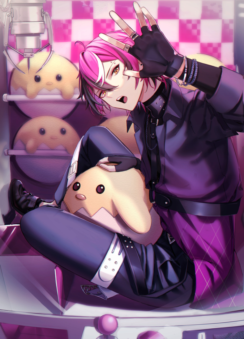 1boy absurdres arcade_stick belt black_belt black_gloves black_hair black_pants black_shirt black_shoes bracelet chain chain_necklace collared_shirt commentary_request controller crane_game crossed_bangs doppio_dropscythe eyebrow_piercing face_piercing fingerless_gloves game_controller gloves gradient_clothes gradient_shirt hair_between_eyes hand_up head_tilt highres in_crane_game jewelry joystick long_sleeves looking_at_viewer looking_to_the_side male_focus multicolored_hair multiple_rings necklace nijisanji nijisanji_en open_mouth pants peridot_(periperi_8) piercing purple_hair purple_shirt ring scythekick_(doppio_dropscythe) shirt shoes short_hair sidelocks sitting solo streaked_hair stuffed_animal stuffed_bird stuffed_toy teeth thigh_strap upper_teeth_only virtual_youtuber white_hair wing_collar yellow_eyes