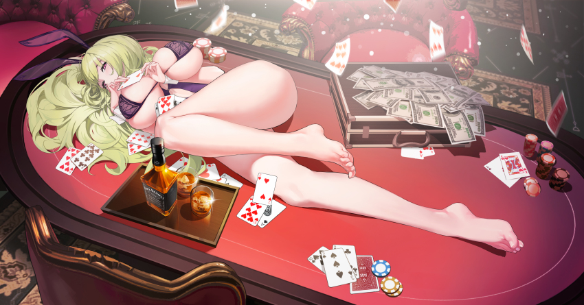 1girl absurdres ace_(playing_card) ace_of_clubs ace_of_diamonds ace_of_spades animal_ears ass azur_lane banknote barefoot breasts briefcase card carpet chair club_(shape) commentary_request diamond_(shape) dollar_bill eight_of_hearts fake_animal_ears feet five_of_clubs floating_card four_of_hearts full_body green_hair highres holding holding_card huge_breasts hundred_dollar_bill ice ice_cube indoors jack_daniel&#039;s king_(playing_card) king_of_hearts_(playing_card) leotard long_hair long_legs looking_at_viewer lying money money_bag napoli_(azur_lane) napoli_(dreamy_night)_(azur_lane) nine_of_clubs nine_of_hearts no_shoes nontraditional_playboy_bunny official_alternate_costume on_side on_table playboy_bunny playing_card poker_chip poker_table purple_leotard rabbit_ears red_eyes shiran1024 six_of_diamonds six_of_hearts six_of_spades solo spade_(shape) table ten_of_hearts ten_of_spades three_of_spades two_of_hearts very_long_hair white_wrist_cuffs wrist_cuffs