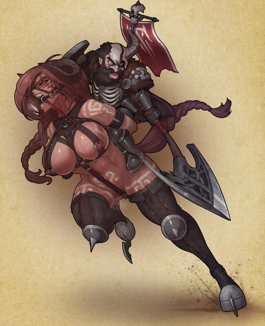 1boy 1girl absurdres armband armor armored_boots arms_behind_back axe banner battle_axe bdsm beard between_breasts bit_gag black_hair blade bondage boots bound braid breasts brown_hair cape carrying chain chestplate clothed_male_nude_female cross-laced_footwear demon_girl dirt dwarf eyebrows facial_hair fur-trimmed_armor fur_trim gag gag_harness gagged gauntlets gloves harness head_harness height_difference highres hoof_shoes horned_mask horns horse_girl knee_pads leather leather_boots mask muhut muscular muscular_female mustache nipple_piercing nude open_mouth original piercing piggyback pointy_ears pony_play pussy_juice red_eyes reins riding running saliva scar sharp_teeth shield shoes shoulder_armor shoulder_pads shouting sitting sitting_on_person size_difference skull skull_mask slave spiked_shoes spikes stirrups_(riding) strap strap_between_breasts sweat tall_female taller_female tattoo teeth thigh_boots thighhighs torn_cape torn_clothes war_paint weapon yellow_eyes