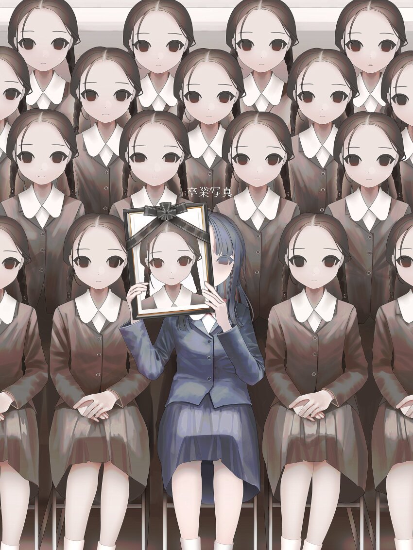 6+girls absurdres black_eyes black_hair blue_hair blue_jacket blue_skirt braid chair clone closed_mouth collared_shirt expressionless feet_out_of_frame graduation hands_up highres holding holding_photo iei jacket long_hair long_sleeves looking_at_viewer multiple_girls odd_one_out on_chair original own_hands_together photo_(object) pleated_skirt school_uniform shirt sitting skirt test_norma1 translation_request twin_braids white_shirt