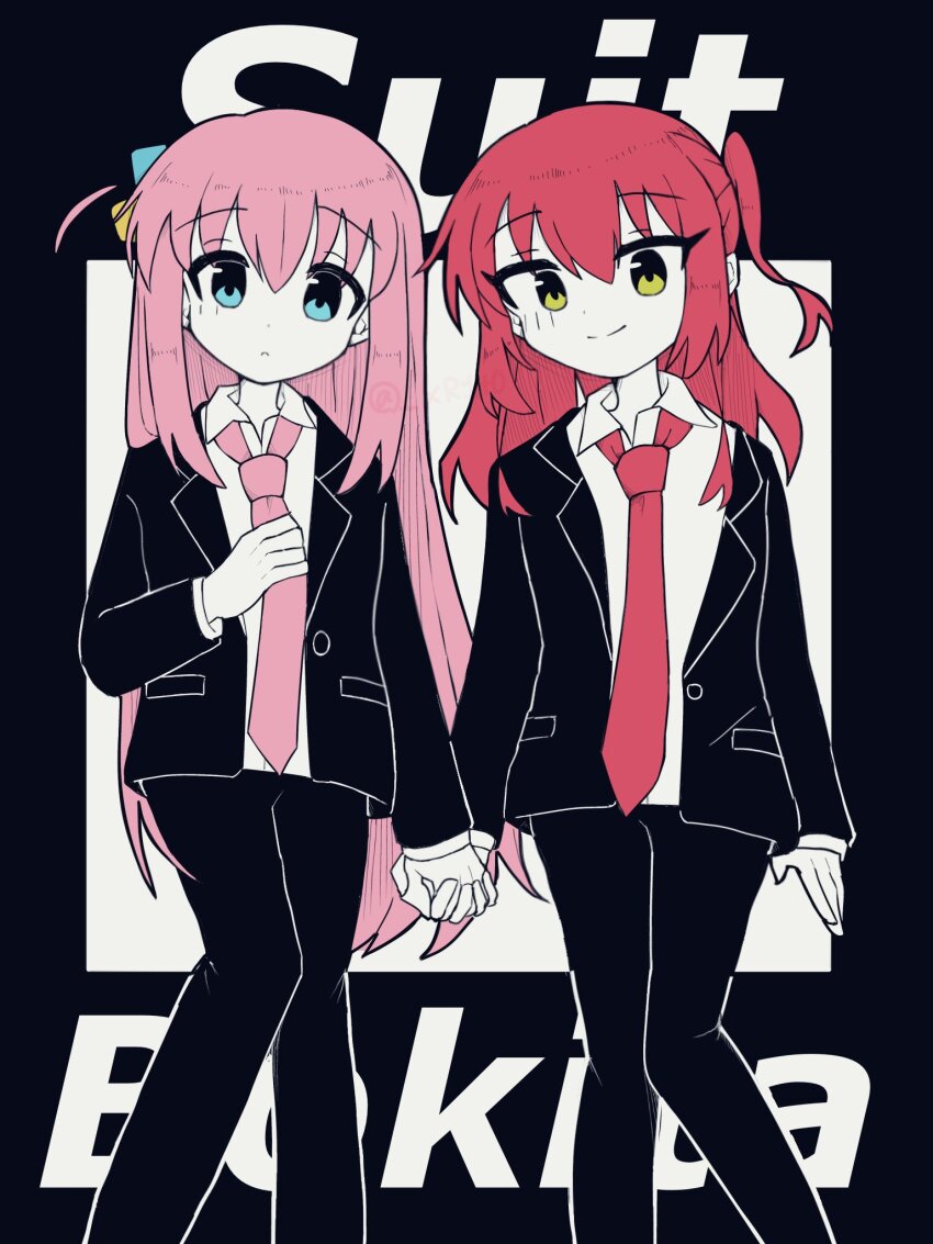ahoge black_background black_pants black_suit blue_eyes bocchi_the_rock! closed_mouth cube_hair_ornament english_text feet_out_of_frame formal_clothes gotoh_hitori hair_ornament highres holding holding_hands holding_jewelry holding_necklace jewelry kita_ikuyo long_hair medium_hair necklace necktie pants pink_necktie r1t0 red_necktie shirt smile suit white_shirt yellow_eyes