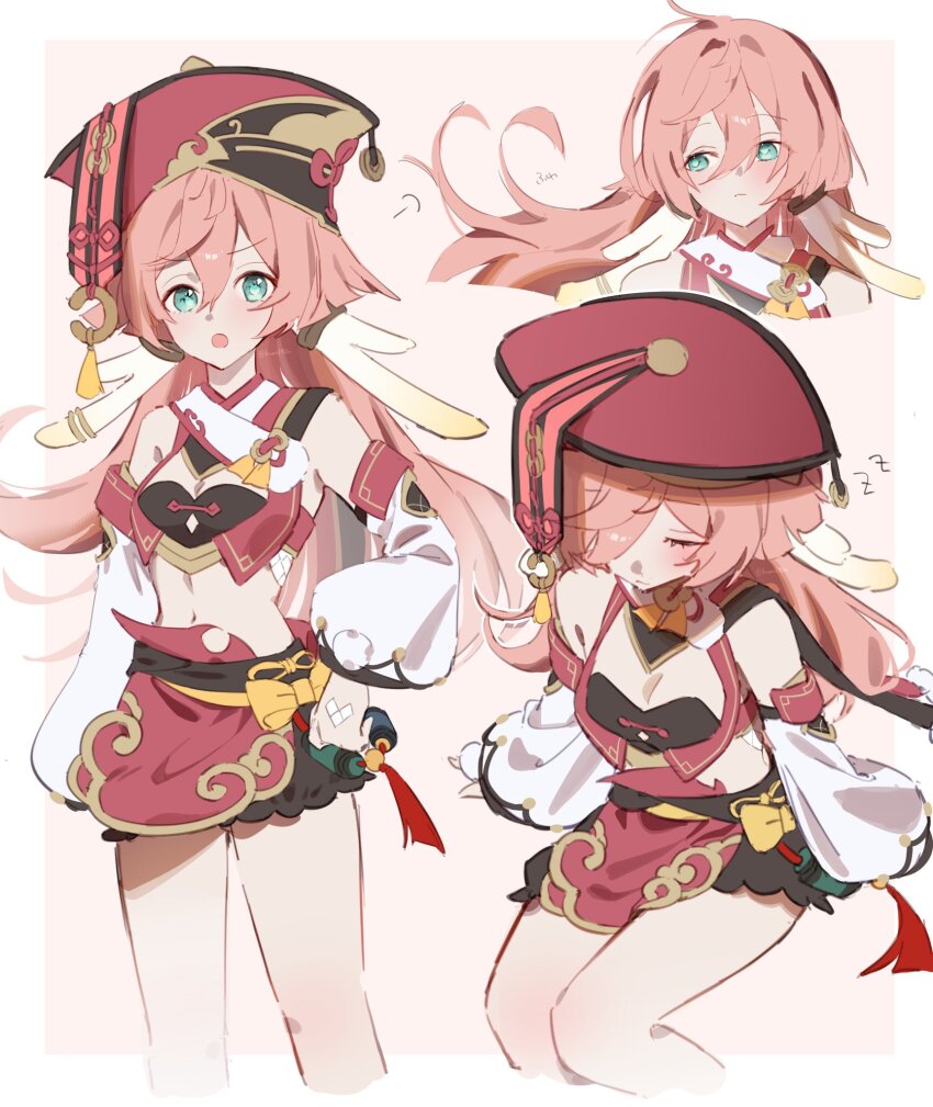 1girl anko_(kimt140n) antlers bow chinese_clothes commentary_request cropped_legs deer_antlers detached_sleeves genshin_impact green_eyes hat highres horns long_sleeves looking_at_viewer midriff multiple_views pink_hair red_hat side-tie_skirt simple_background sleeping white_background wide_sleeves yanfei_(genshin_impact) yellow_bow