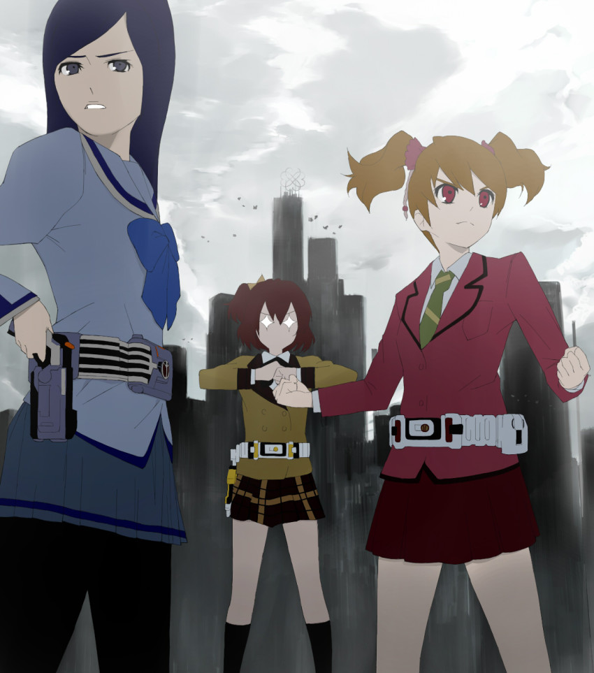 3girls aono_miki bad_id bad_pixiv_id belt blue_hair brown_hair cityscape fresh_precure! highres kamen_rider kamen_rider_555 kamen_rider_delta kamen_rider_faiz kamen_rider_kaixa momozono_love multiple_girls olg pantyhose parody precure school_uniform skirt yamabuki_inori