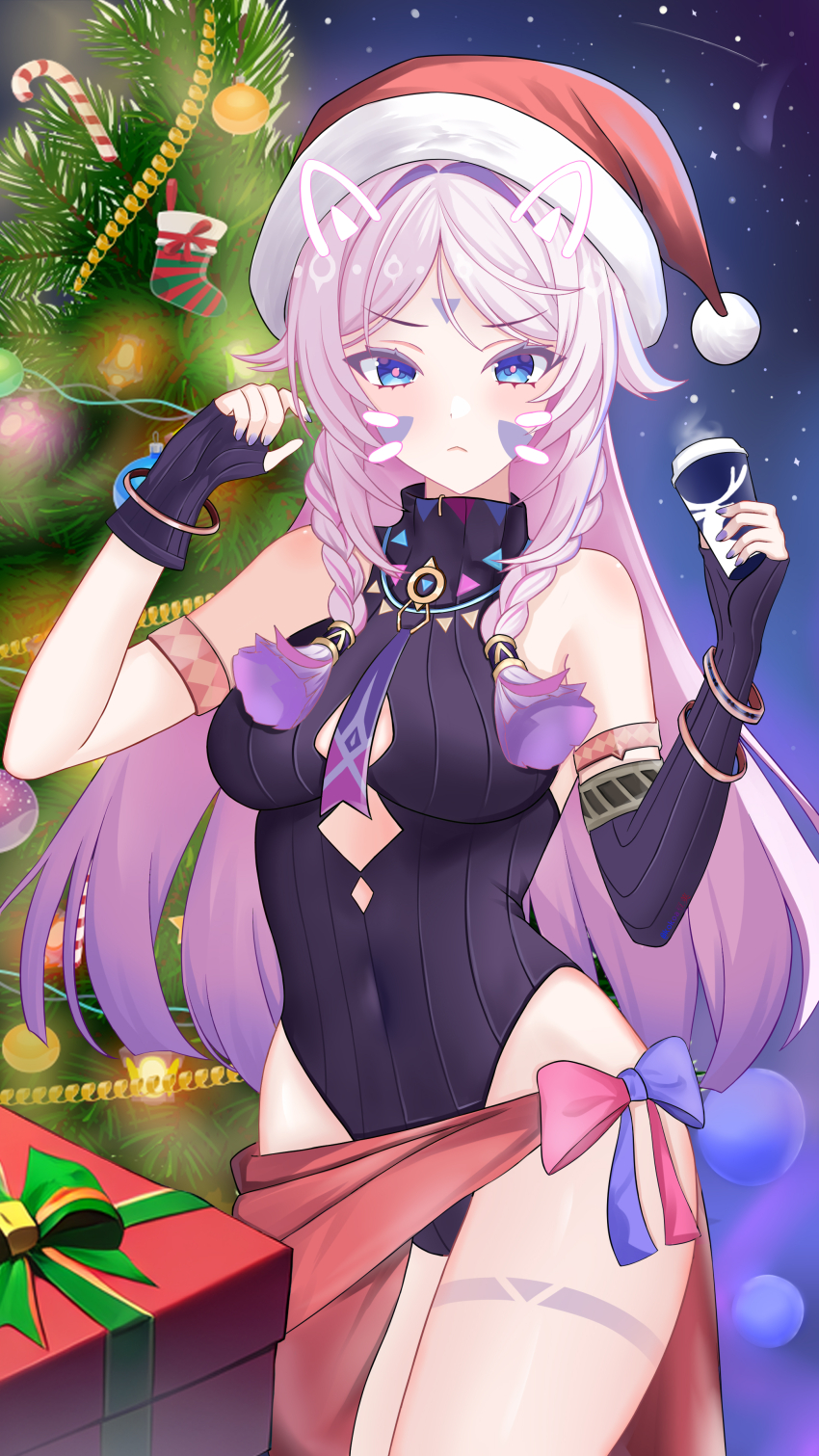 1girl absurdres animal_ears asymmetrical_gloves black_gloves black_leotard blue_eyes box braid christmas_present christmas_tree citlali_(genshin_impact) cleavage_cutout clothing_cutout covered_navel cowboy_shot cup disposable_coffee_cup disposable_cup facepaint facial_mark fake_animal_ears fake_whiskers genshin_impact gift gift_box gloves hat highres holding holding_cup kokoa_(user_zrrr5457) leotard long_hair pink_hair red_sarong santa_hat sarong solo thighs triangle triangle_facial_mark twin_braids