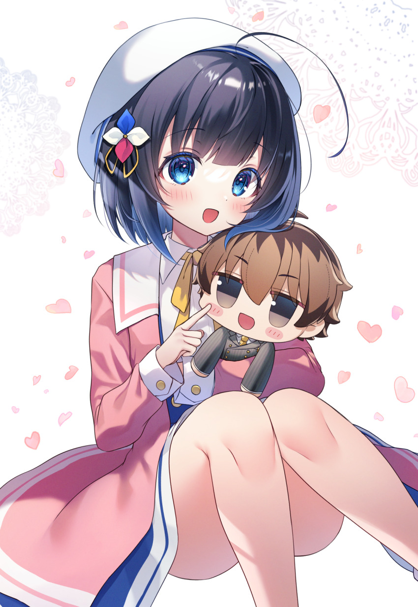 1girl :d ahoge beret black_hair blue_dress blue_eyes blush blush_stickers character_doll coat dress feet_out_of_frame gyozanuko hat highres hinatsuru_ai holding hugging_doll hugging_object jacket knees_up kuzuryuu_yaichi long_sleeves neck_ribbon open_mouth petals pink_coat pink_jacket poking ribbon ryuuou_no_oshigoto! shirt short_hair simple_background sitting smile solo white_background white_hat white_shirt yellow_ribbon
