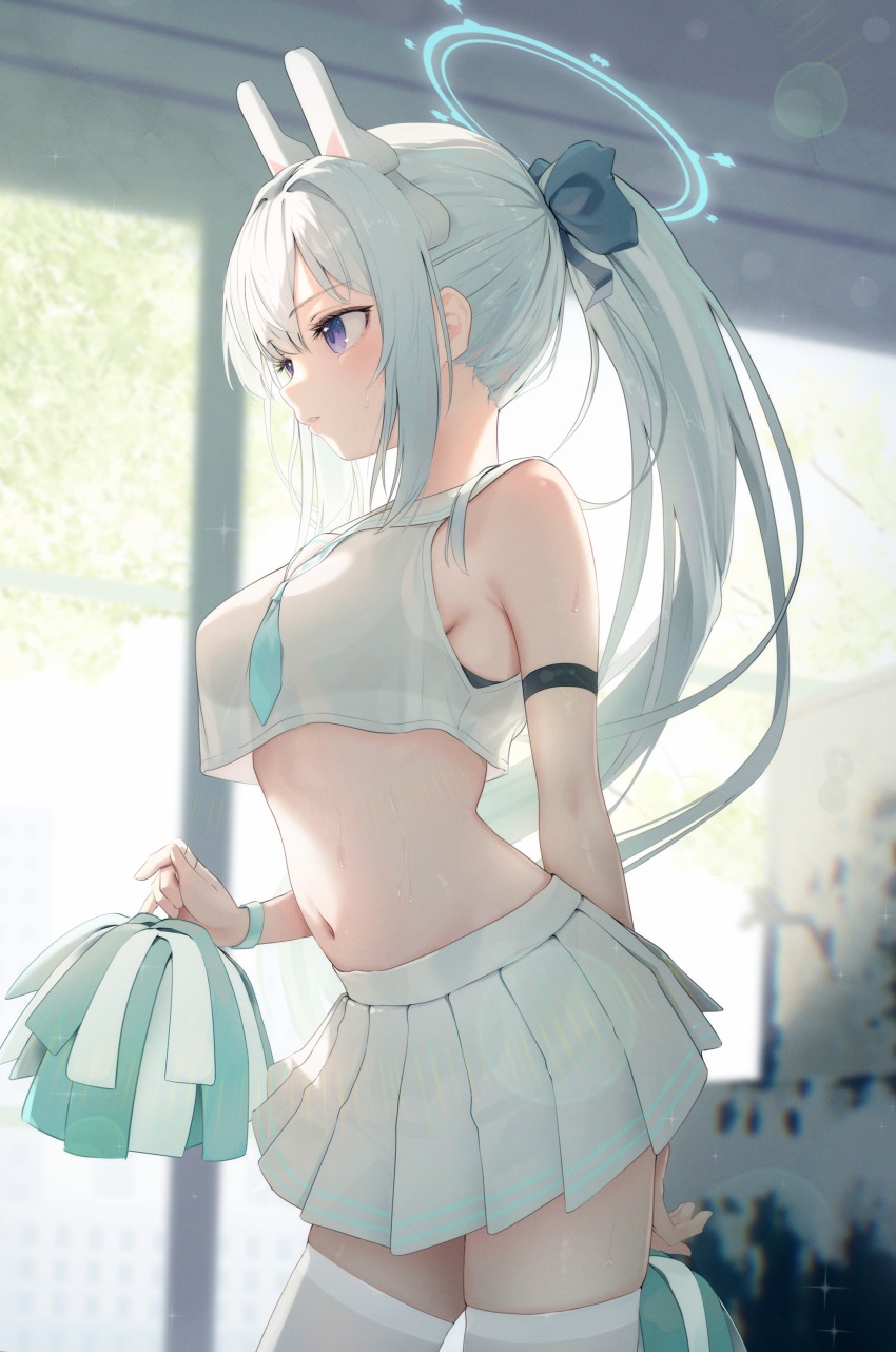 1girl absurdres alternate_costume animal_ears bare_shoulders blue_archive blue_halo blurry blurry_background bokeh breasts cheerleader chiu538 closed_mouth commentary_request crop_top depth_of_field fake_animal_ears hair_intakes halo highres holding holding_pom_poms long_hair medium_breasts miniskirt miyako_(blue_archive) pleated_skirt pom_pom_(cheerleading) pom_poms ponytail purple_eyes shirt skirt sleeveless sleeveless_shirt solo thighs white_hair white_shirt white_skirt