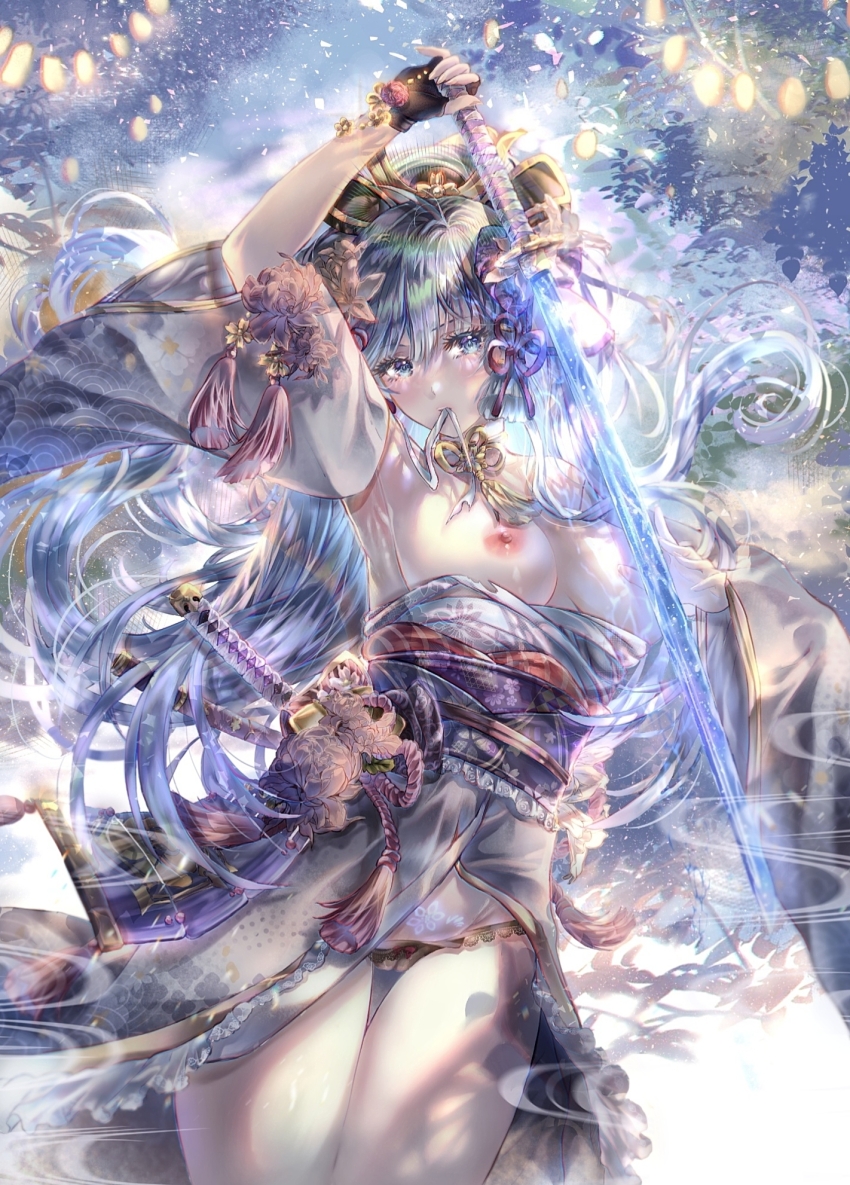 1girl armpits ayaka_(genshin_impact) black_gloves black_panties blue_eyes blue_hair breasts cameltoe commentary_request detached_sleeves fingerless_gloves genshin_impact gloves hair_between_eyes hair_ribbon highres holding holding_sword holding_weapon japanese_clothes katana kimono kimono_pull large_breasts long_hair looking_at_viewer miyu_(miyulein) mouth_hold multiple_swords naked_kimono night night_sky nipples no_bra no_panties obi panties ponytail pubic_tattoo ribbon ribbon_in_mouth sash short_kimono single_glove sky solo sword tattoo thighs tress_ribbon underwear weapon wide_sleeves