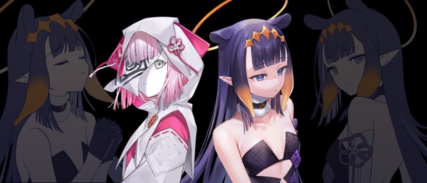 2girls arms_at_sides back backless_outfit bare_shoulders black_background black_choker black_gloves blue_eyes blunt_bangs blunt_ends bob_cut choker closed_eyes closed_mouth colored_skin commentary_request detached_sleeves diamond_hairband expressionless flat_chest flower_knot fur-trimmed_choker fur_trim gloves grey_eyes halo hands_up highres hololive hololive_english hood hood_up interlocked_fingers inverted_bob japanese_clothes linea_alba long_hair looking_ahead looking_at_viewer mole mole_under_eye multiple_girls multiple_views ninomae_ina&#039;nis ninomae_ina&#039;nis_(1st_costume) nontraditional_miko orange_hair orange_halo own_hands_clasped own_hands_together paper_on_head partial_commentary pink_hair pointy_ears praying purple_hair revealing_clothes shiao short_hair sidelocks single_detached_sleeve single_sleeve split_mouth straight_hair tentacle_hair traditional_halo turning_head two-sided_fabric two-sided_hood u_u upper_body virtual_youtuber wahtcher_(ninomae_ina&#039;nis) white_hood white_skin white_sleeves