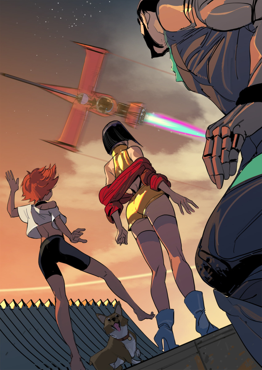 2girls ass barefoot beard cloud cloudy_sky cowboy_bebop dark-skinned_female dark_skin dog edward_wong_hau_pepelu_tivrusky_iv ein_(cowboy_bebop) facial_hair faye_valentine highres jet_black looking_up lorenzo_nuti multiple_girls orange_hair prosthesis prosthetic_arm science_fiction sky star_(sky) swordfish_ii tongue tongue_out white_footwear