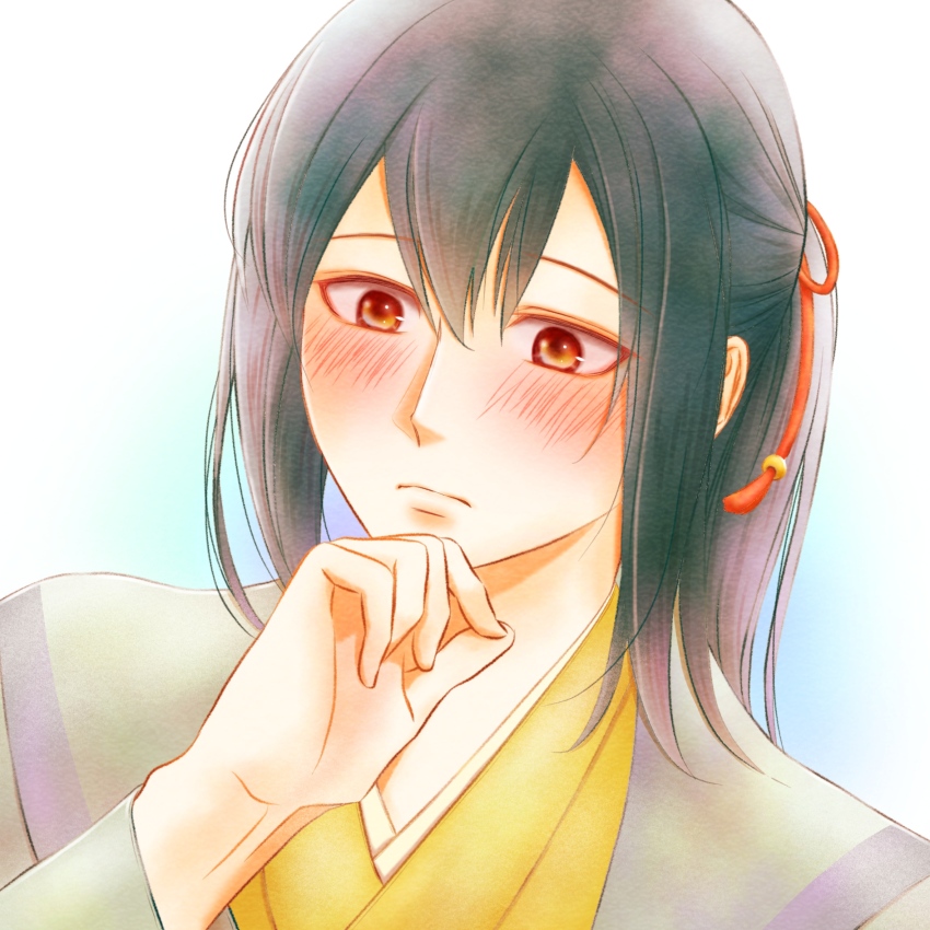 1boy azu_rin_go bishounen blue_background blush bokujou_monogatari bokujou_monogatari:_mittsu_no_sato_no_taisetsuna_tomodachi closed_mouth double-parted_bangs dutch_angle gradient_background green_hair green_haori green_kimono hair_ribbon hand_on_own_chin haori highres japanese_clothes kimono long_hair looking_down male_focus orange_eyes ponytail portrait raised_eyebrows red_ribbon ribbon sidelocks solo white_background wide-eyed yuzuki_(bokujou_monogatari)