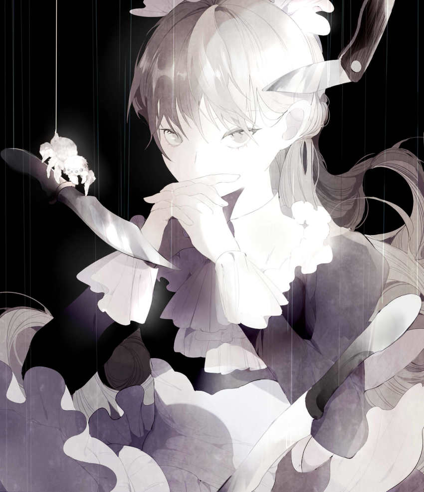 1girl animal apron ascot black_background bug collared_dress covered_mouth covering_own_mouth dress floating floating_clothes floating_hair floating_object frilled_apron frills grey_eyes grey_hair half_updo covering_own_mouth hands_up highres interlocked_fingers knife long_hair long_sleeves looking_at_viewer maid maid_apron maid_headdress n79oqc3yja6jlof original own_hands_together puppet_strings solo spider string three_monkeys upper_body very_long_hair waist_apron white_ascot
