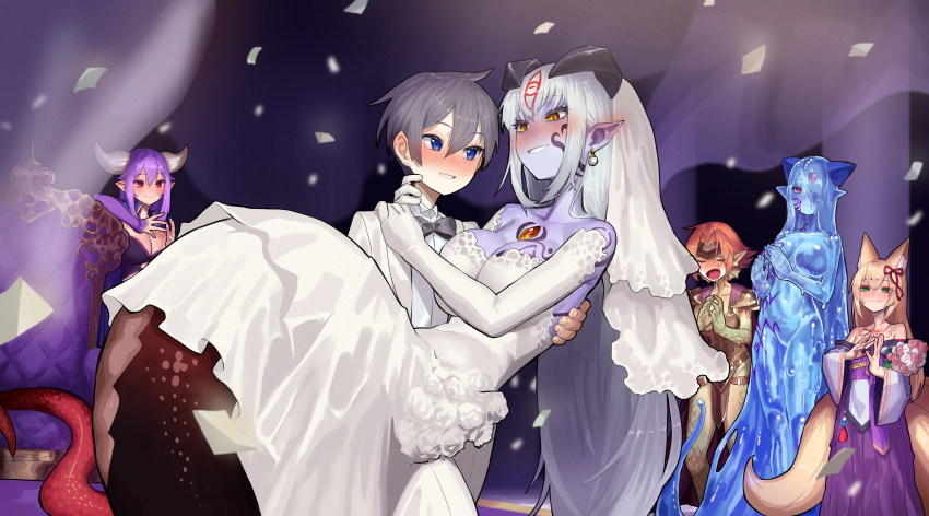 1boy 5girls absurdres alipheese_fateburn_xvi alma_elma animal_ears blonde_hair blue_eyes breasts bride carrying commentary_request commission confetti crying dress ekrea_jan erubetie formal_clothes fox_ears fox_girl fox_tail granberia green_eyes groom highres horns japanese_clothes kimono kitsune lamia large_breasts looking_at_another luka_(mon-musu_quest!) mon-musu_quest! monster_girl multiple_girls open_mouth orange_hair pointy_ears princess_carry purple_hair scales skeb_commission slime_girl smile suit tail tamamo_(mon-musu_quest!) white_dress white_suit yellow_eyes
