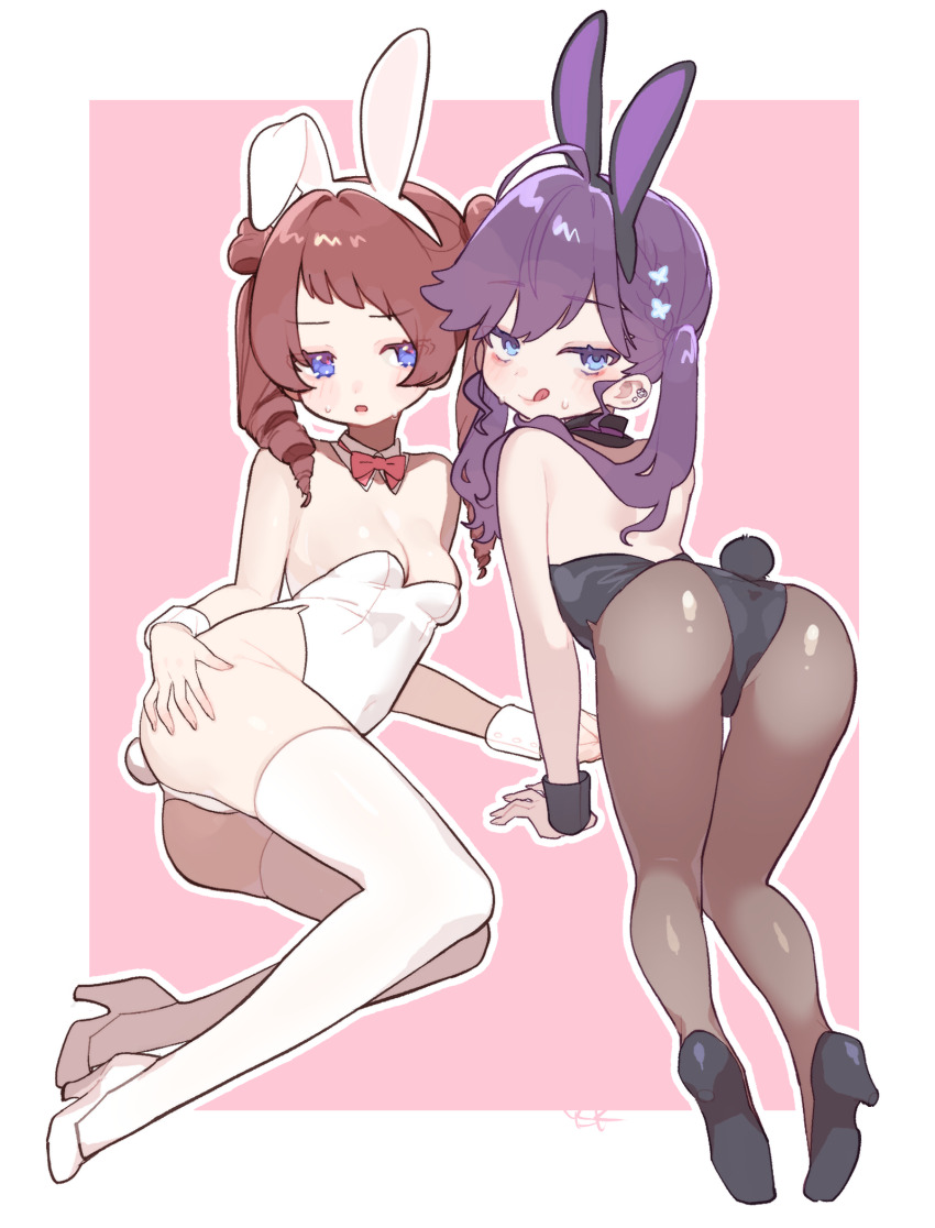 2girls :q ahoge animal_ear_hairband animal_ears ass black_leotard blush border bow bowtie braid breasts brown_hair brown_pantyhose butterfly_hair_ornament commentary_request detached_collar fake_animal_ears fake_tail full_body gakuen_idolmaster hair_ornament hairband hanami_saki high_heels highres idolmaster kaya_rinha leotard medium_breasts multiple_girls outline pantyhose pink_background playboy_bunny purple_eyes rabbit_ear_hairband rabbit_ears rabbit_tail red_bow red_bowtie simple_background smile strapless strapless_leotard sweatdrop tail thighhighs tongue tongue_out twintails white_border white_leotard white_outline white_thighhighs wristband yuusuke_(yyy_xp)