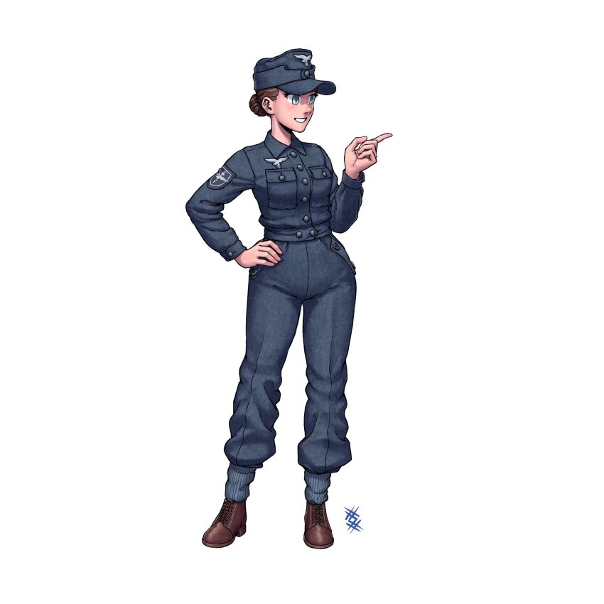 1girl artist_logo blue_jacket blue_pants boots brown_boots brown_hair buttons commentary field_cap full_body grey_eyes hair_bun hand_on_own_hip hat highres jacket lace-up_boots logo long_sleeves luftwaffe m43_field_cap military military_hat military_uniform original ostwindprojekt pants pants_tucked_in patch pocket pointing reichsadler shoulder_patch simple_background smile solo standing teeth white_background world_war_ii