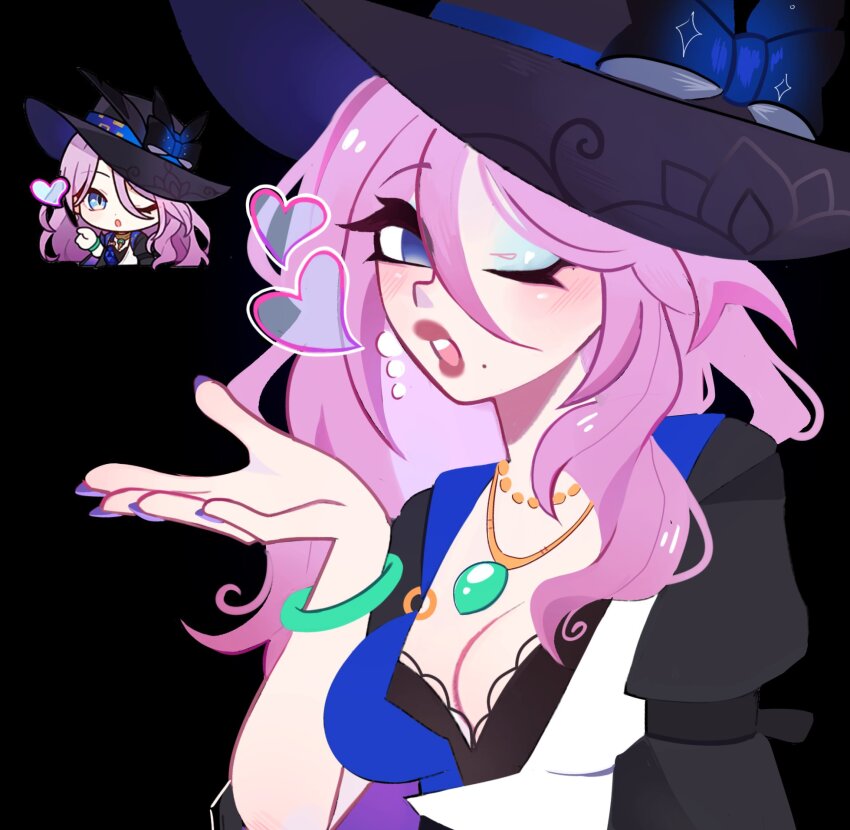 1girl black_background black_hat blue_dress blue_eyes blush breasts chibi cleavage crocopiru dress eyeshadow hat heart highres honkai:_star_rail honkai_(series) jade_(honkai:_star_rail) jewelry long_hair looking_at_viewer makeup mole mole_under_mouth multicolored_dress multiple_views nail_polish necklace open_mouth pink_hair purple_lips purple_nails simple_background upper_body white_dress