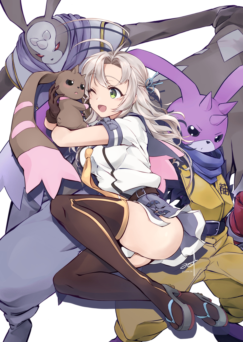 1girl andiramon_(deva) antenna_hair ass black_thighhighs breasts commentary_request crossover digimon digimon_(creature) frilled_skirt frills green_eyes grey_hair hair_tie highres kantai_collection kinugasa_(kancolle) kinugasa_kai_ni_(kancolle) long_hair lopmon medium_breasts miniskirt minosu necktie one_eye_closed one_side_up open_mouth pleated_skirt purple_sailor_collar sailor_collar short_sleeves skirt thighhighs turuiemon yellow_necktie