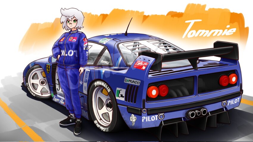 1girl bandaid bandaid_on_face black_shoes blue_car blue_jumpsuit breasts car character_name commentary commission corrupted_twitter_file english_commentary ferrari grey_hair highres jumpsuit medium_breasts michelin michelin_man motor_vehicle onlyarandomuser original race_vehicle racecar racing_suit radio_antenna shadow shoes short_hair smile solo spoiler_(automobile) standing tommie_(sorithespooky) vehicle_focus viper_(series) viper_f40 watermark