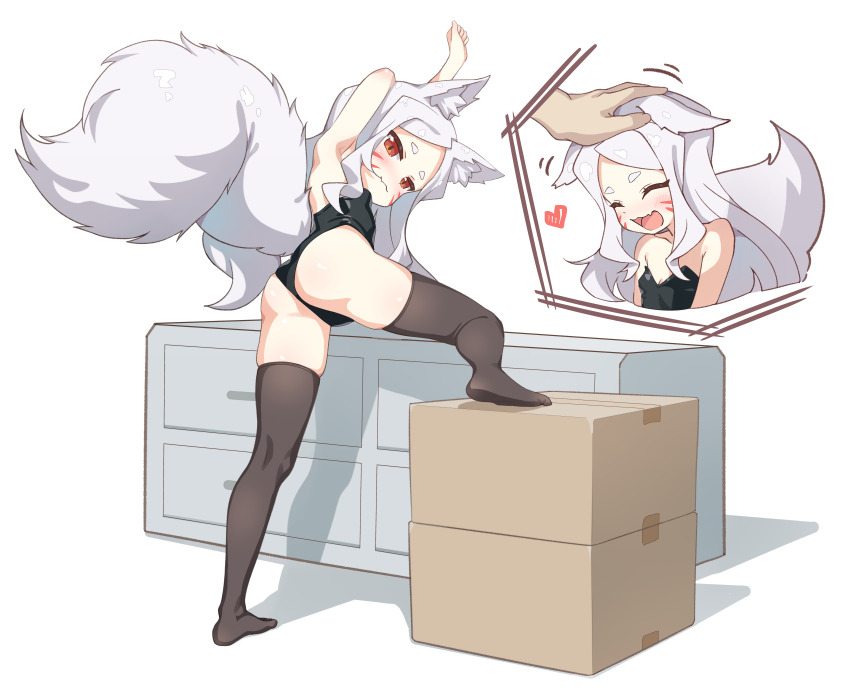 1boy 1girl absurdres animal_ear_fluff animal_ears arm_behind_head armpits arms_up ass black_leotard black_thighhighs box cardboard_box chest_of_drawers closed_eyes fox_ears fox_girl fox_tail from_behind headpat heart highres kneepits leaning_forward leg_up legs legs_apart leotard loli long_hair looking_back n3moni no_shoes open_mouth petting playboy_bunny red_eyes sewayaki_kitsune_no_senko-san shiro_(sewayaki_kitsune_no_senko-san) smile tail thighhighs thighs white_hair