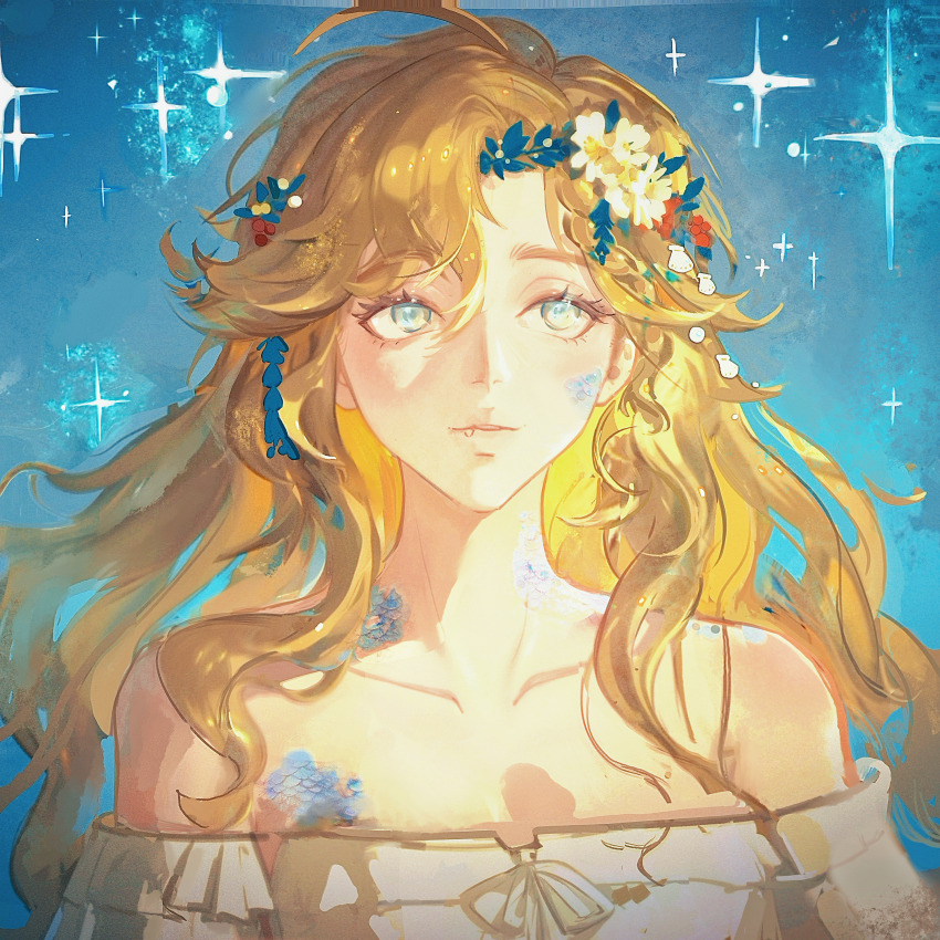 1girl absurdres bare_shoulders blonde_hair blue_background blue_eyes bulaikaite closed_mouth commission dress facing_viewer fang fang_out flower hair_flower hair_ornament highres long_hair looking_up off-shoulder_dress off_shoulder portrait reverse:1999 scales second-party_source solo sparkle vila_(reverse:1999) white_dress white_flower