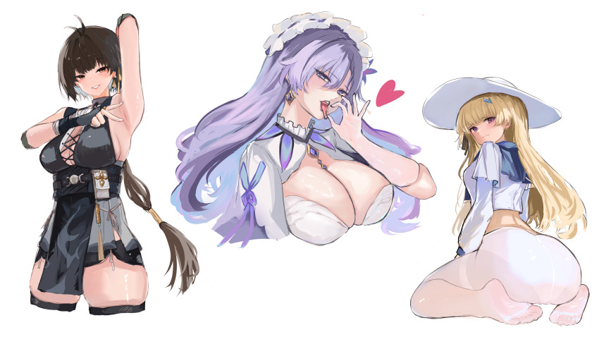 3girls absurdres armpits ass black_gloves black_hair blonde_hair blue_eyes blue_flower blue_hair breasts cantarella_(wuthering_waves) cleavage closed_mouth colored_inner_hair commentary_request cropped_legs cropped_torso dress earrings elbow_pads eyeliner facial_mark feet female_rover_(wuthering_waves) flower gloves hair_flower hair_ornament hat headdress highres jewelry large_breasts long_hair long_sleeves looking_at_viewer low_ponytail makeup multicolored_hair multiple_girls no_shoes ocman open_mouth oral_invitation panties panties_under_pantyhose pantyhose phoebe_(wuthering_waves) ponytail presenting_armpit purple_eyes purple_hair red_eyeliner ribbon rover_(wuthering_waves) shrug_(clothing) simple_background soles tacet_mark_(wuthering_waves) thick_thighs thighband_pantyhose thighs toes tongue tongue_out triangle_earrings underwear white_background white_dress white_hat white_panties white_pantyhose wuthering_waves x_hair_ornament yellow_eyes yellow_ribbon