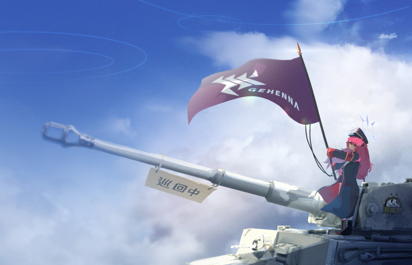 1girl armband blue_archive blue_sky boots cloud flag gehenna_academy_logo halo hat highres holding holding_flag iroha_(blue_archive) long_hair long_sleeves looking_at_viewer military_uniform military_vehicle motor_vehicle necktie norio_(norio386) panzer_iv peaked_cap red_armband red_hair red_necktie sky sleeves_past_wrists tank wide_shot