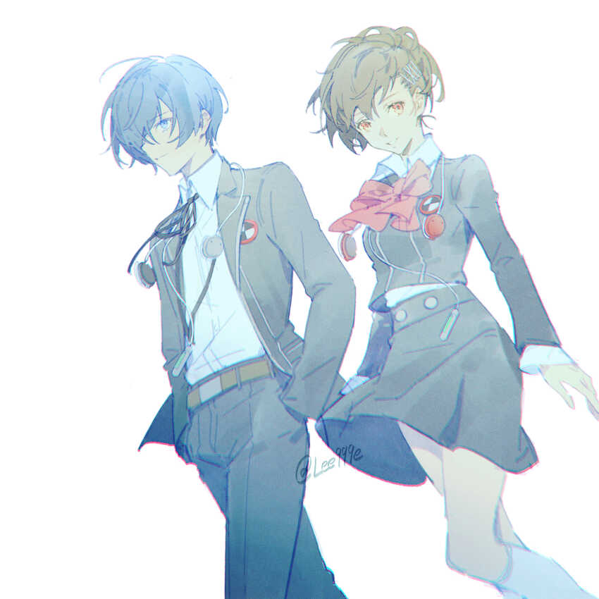 1boy 1girl absurdres belt black_jacket black_ribbon black_skirt blue_eyes blue_hair bow bowtie brown_hair closed_mouth collared_shirt commentary digital_media_player digital_walkman earphones feet_out_of_frame gekkoukan_high_school_uniform hair_ornament hair_over_one_eye hairclip hands_in_pockets highres jacket kneehighs lee999nine long_hair looking_at_viewer neck_ribbon open_clothes open_jacket parted_lips persona persona_3 persona_3_portable red_bow red_bowtie red_eyes ribbon school_uniform shiomi_kotone shirt short_hair skirt smile socks symbol-only_commentary twitter_username walkman_nw-s203f white_background white_shirt white_socks yuuki_makoto_(persona_3)