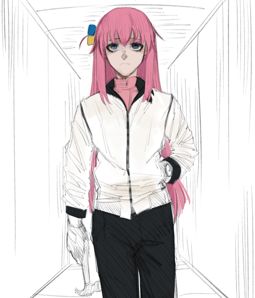 1girl absurdres bocchi_the_rock! commentary cosplay depressed drive_(movie) english_commentary goslingposting_(meme) gotoh_hitori hair_ribbon hammer highres holding holding_hammer inuarts jacket long_hair meme movie_reference parody pink_hair pink_jacket ribbon ryan_gosling solo upper_body watch wristwatch