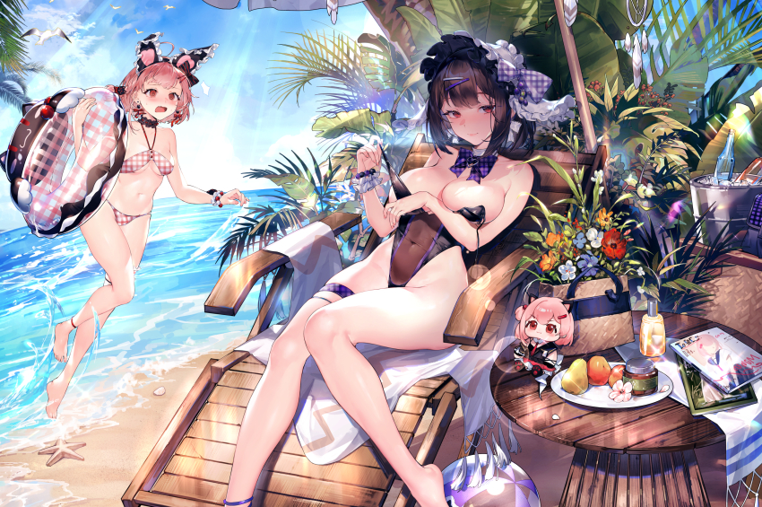 2girls animal_ears anklet ball bare_arms bare_legs bare_shoulders barefoot beach beach_chair beach_umbrella beachball bikini bird black_hair black_one-piece_swimsuit blush bottle bow bowtie breasts breeze_girl bucket casual_one-piece_swimsuit chair character_request choker cleavage cloud collarbone covered_navel day detached_collar fake_animal_ears flower food fruit hair_ornament hairband hairclip hat highleg highres holding innertube jewelry large_breasts leotard long_hair looking_at_viewer lotion multiple_girls navel ocean official_art one-piece_swimsuit open_mouth outdoors palm_leaf palm_tree pink_bikini pink_eyes pink_hair plaid_bikini plaid_bow plaid_clothes plate playboy_bunny purple_bow red_eyes sand see-through_clothes see-through_leotard short_hair sitting sky small_breasts smile splashing starfish stomach strapless sunlight sunscreen swim_ring swimsuit table thigh_strap thighs tree umbrella water wrist_cuffs xiangchizhubijin