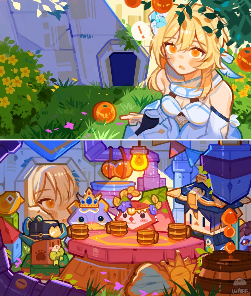 0waff537 1girl :3 bare_shoulders barrel bird black_gloves black_hat blonde_hair blue_flower blue_gemstone blue_hat blunt_ends blush bow bowtie breasts bulle_fruit_(genshin_impact) bunting bush cat circlet cleavage crown cup detached_sleeves double-parted_bangs dress entrance facial_hair feather_hair_ornament feathers fingerless_gloves flower food fruit gem genshin_impact gloves gold_crown grass hair_between_eyes hair_flower hair_intakes hair_ornament hamster hat highres jingasa juice kirara_(genshin_impact) kirara_(phantom_in_boots)_(genshin_impact) knot laurel_crown lead_pipe leaf light_bulb lumine_(genshin_impact) mini_durin_(genshin_impact) mug multicolored_flower mustache navia_(genshin_impact) nilou_(breeze_of_sabaa)_(genshin_impact) nilou_(genshin_impact) objectification on_grass open_mouth origami paw_print peeking purple_hair rectangular_pupils red_eyes scaramouche_(genshin_impact) scarf short_hair short_hair_with_long_locks sidelocks sitting spoilers table teeth toy toy_soldier upper_teeth_only wanderer_(genshin_impact) white_dress white_flower white_scarf white_sleeves yellow_bow yellow_bowtie yellow_eyes yellow_flower